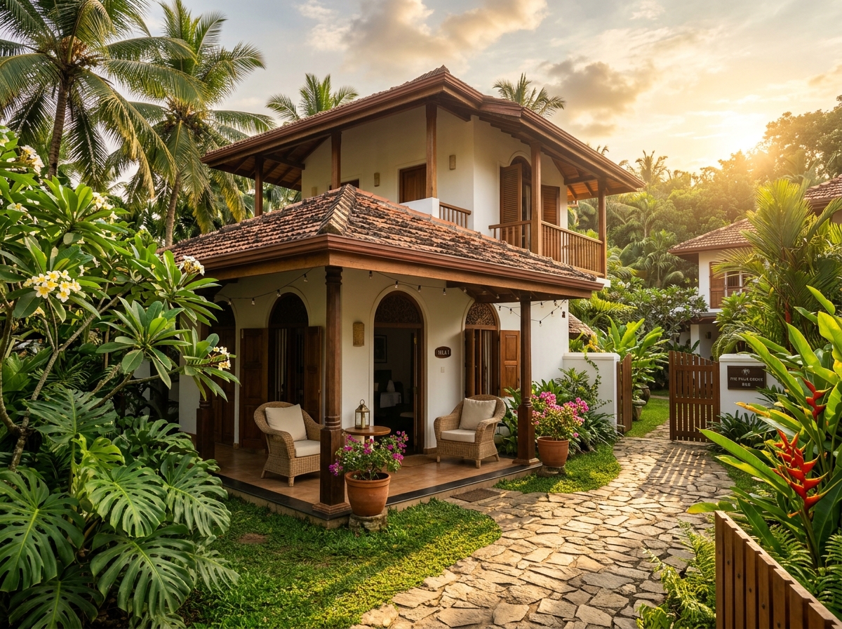 Sam Villa and lush tropical garden in warm late-afternoon light