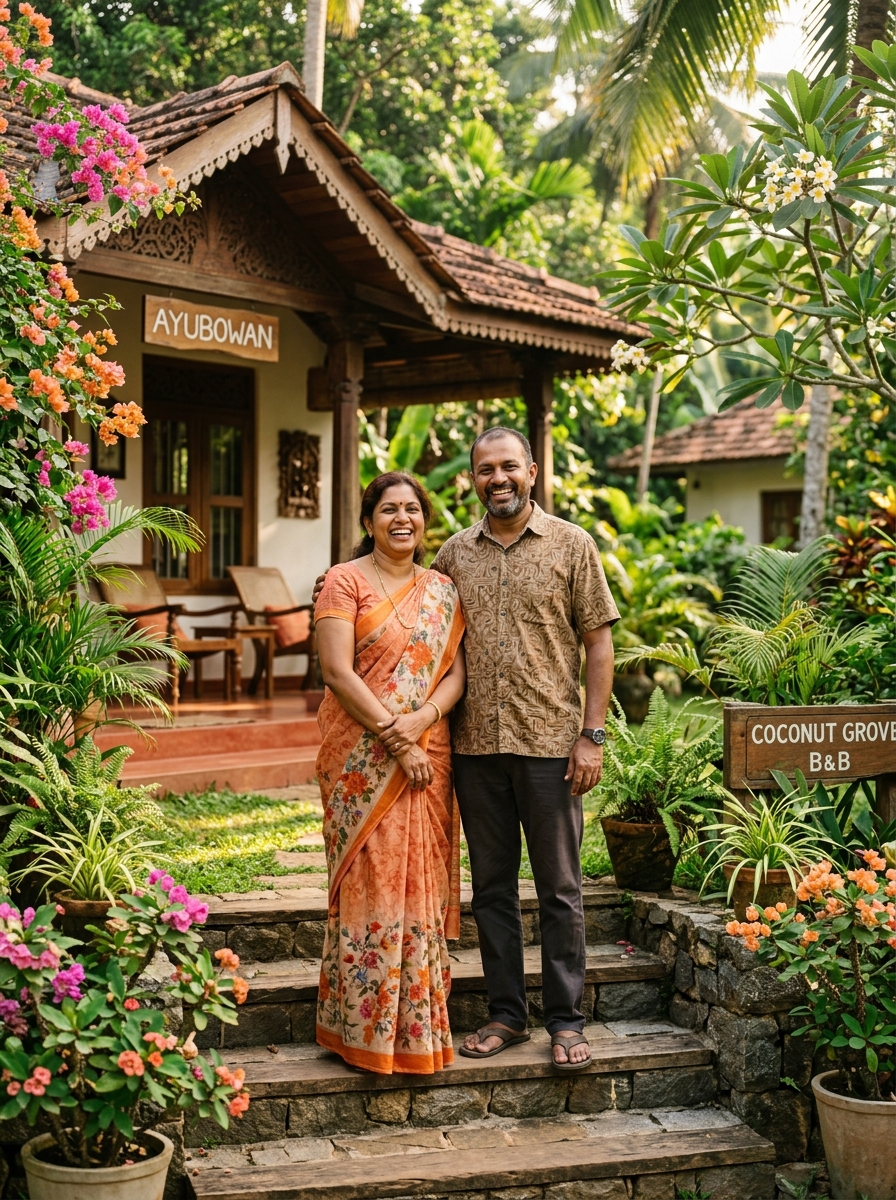 Hosts welcoming you on the front steps of Sam Villa