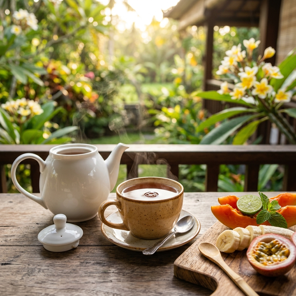 Fresh Ceylon tea and tropical fruit on the veranda